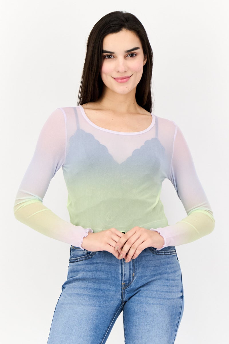 Aerie بلوزة شبكية ملونة بأكمام طويلة وياقة دائرية للنساء بتصميم تلوين - Image 1