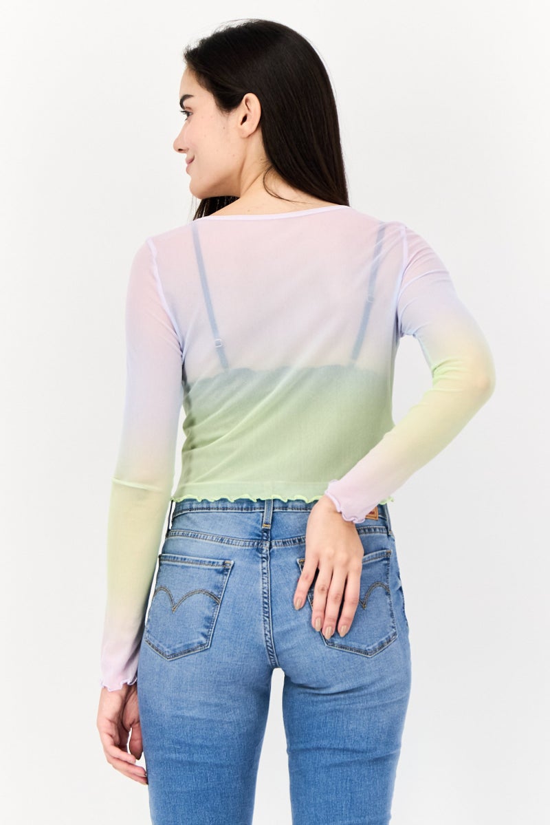 Aerie بلوزة شبكية ملونة بأكمام طويلة وياقة دائرية للنساء بتصميم تلوين - Image 4