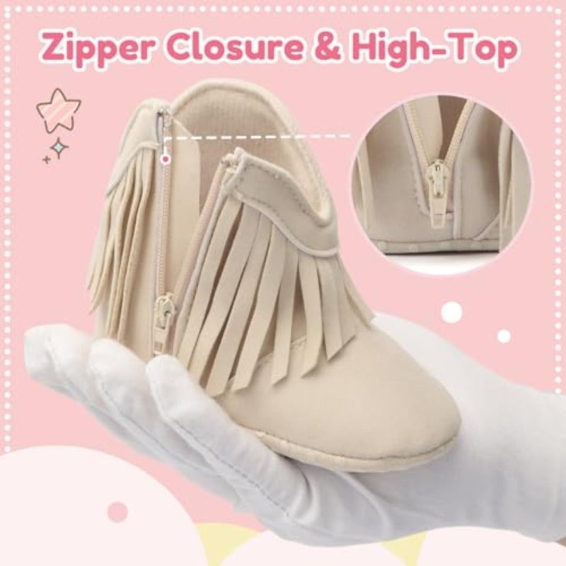 BACSAC Baby Girls Tassel Boots Zipper Baby Western Cowboy Boots Non-Slip Toddler Booties Soft and Comfortable First Walker Suede Booties - Image 5