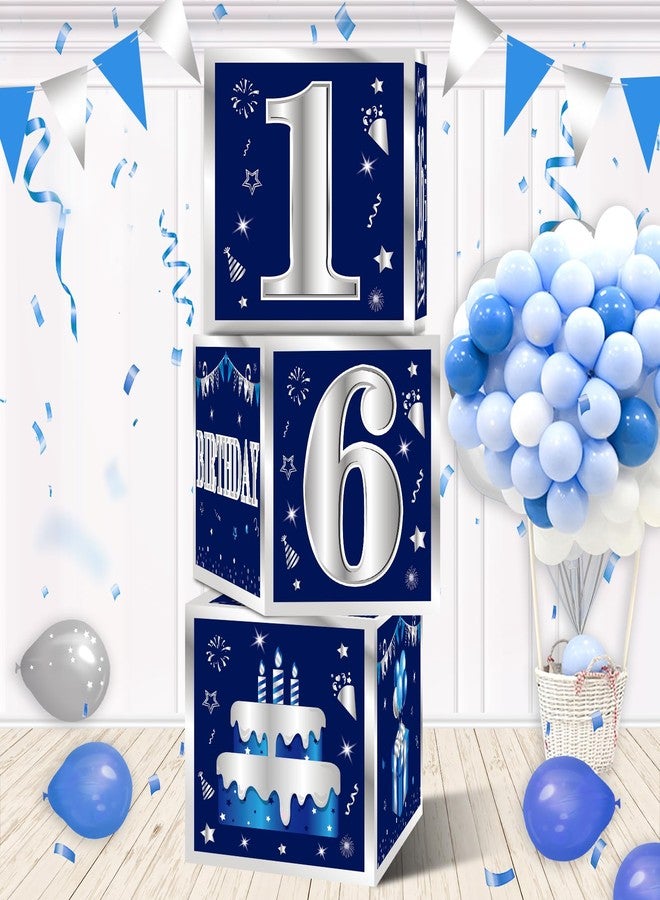 Turypaty 3 Packs Blue Silver 16th Birthday Decorations Boxes for Men Boys, Blue Navy Happy 16 Birthday Balloons Boxes Party Supplies, Sixteenth Years Old Bday Cardboard Box Decoration - Image 1