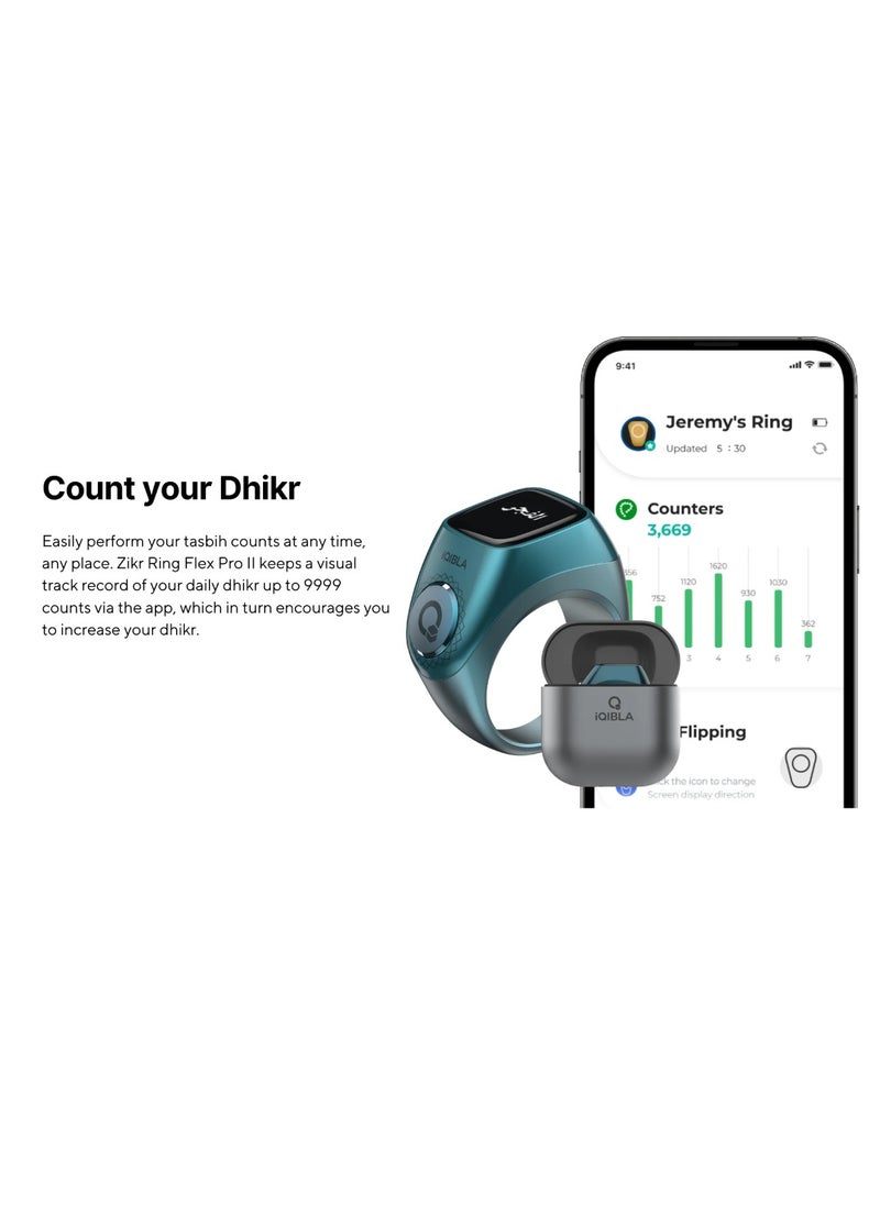 iQIBLA - Smart Tasbih Zikr Ring Wide Display Powerful Battery Backup OLED Display F04 Flex Pro Smart Ring App Operated Tasbih Counter IP67 Waterproof Smart Zikr Ring Compatible Three Sizes (18mm/ 20mm/22mm) Aluminium Alloy iQibla Zikr Ring Blue - Image 1