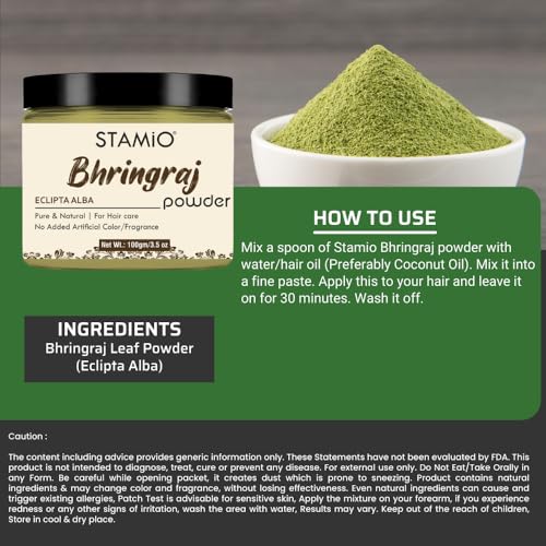 STAMIO Hair Care 3 Products Combo 280 gm - Brahmi Hibiscus and Bhringraj Powder for Mask, Pack, Anti-Dandruff, Shine | Natural Powders Kit | In Jar (100gm X 2 + 80gm) - Image 5