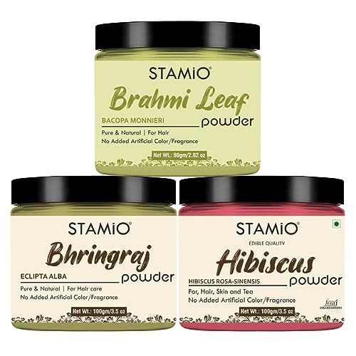 STAMIO Hair Care 3 Products Combo 280 gm - Brahmi Hibiscus and Bhringraj Powder for Mask, Pack, Anti-Dandruff, Shine | Natural Powders Kit | In Jar (100gm X 2 + 80gm) - Image 1