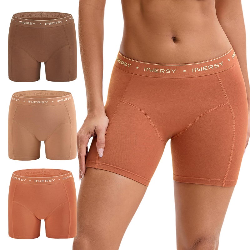 INNERSY Women's 4" Inseam Boxers Briefs Cotton Boyshorts Underwear Ladies Panties 3-Pack(Maple Brown,Large) - Image 1