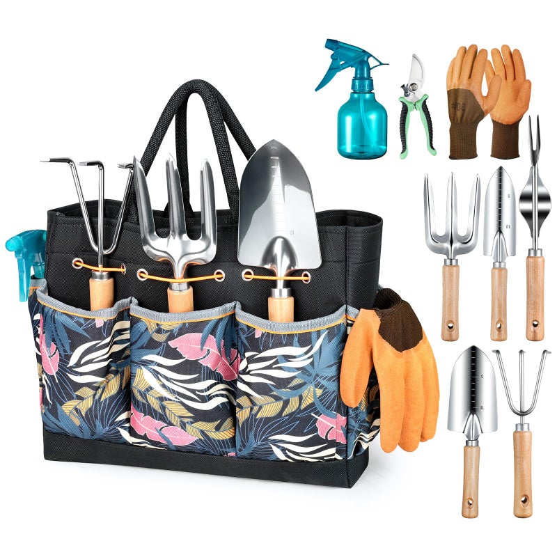 Grenebo Gardening Tools 9Piece Heavy Duty Garden Hand Tools with Fashion and Durable Garden Tools Organizer Handbag RustProof Garden Tool Set Ideal Gardening Gifts for Women Pink - Image 2