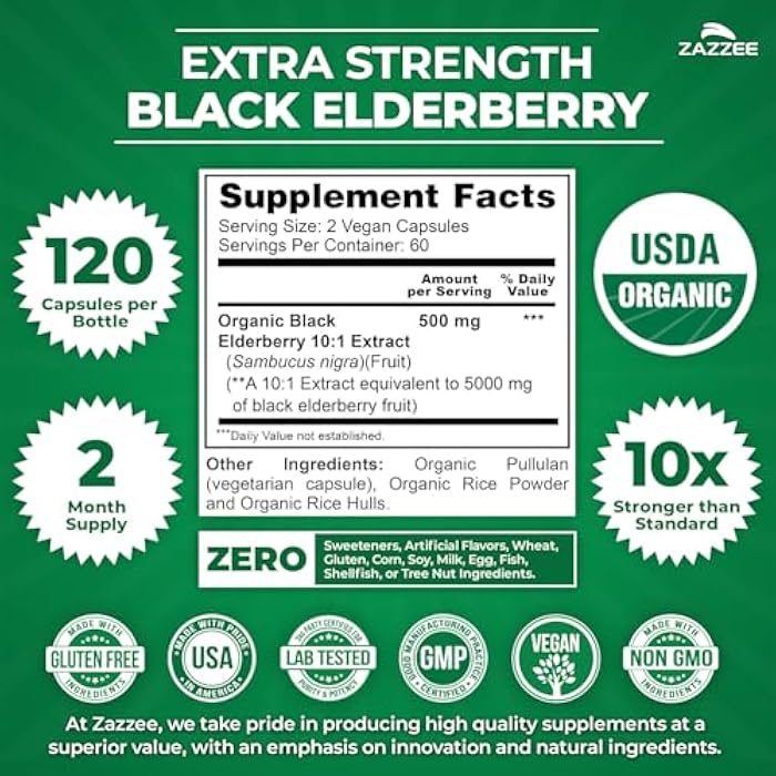 Zazzee USDA Organic Black Elderberry 10:1 Extract, 120 Vegan Capsules, 2 Month Supply, Sambucus Nigra, Antioxidant & Immune Support, Concentrated 10X Extract, All-Natural, Non-GMO, Made in the USA - Image 2