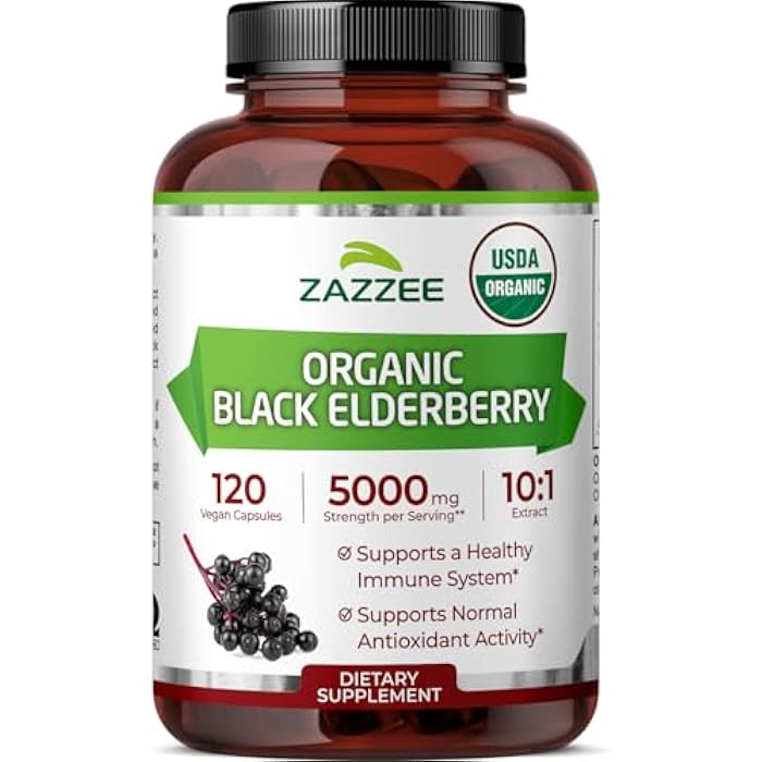 Zazzee USDA Organic Black Elderberry 10:1 Extract, 120 Vegan Capsules, 2 Month Supply, Sambucus Nigra, Antioxidant & Immune Support, Concentrated 10X Extract, All-Natural, Non-GMO, Made in the USA - Image 1