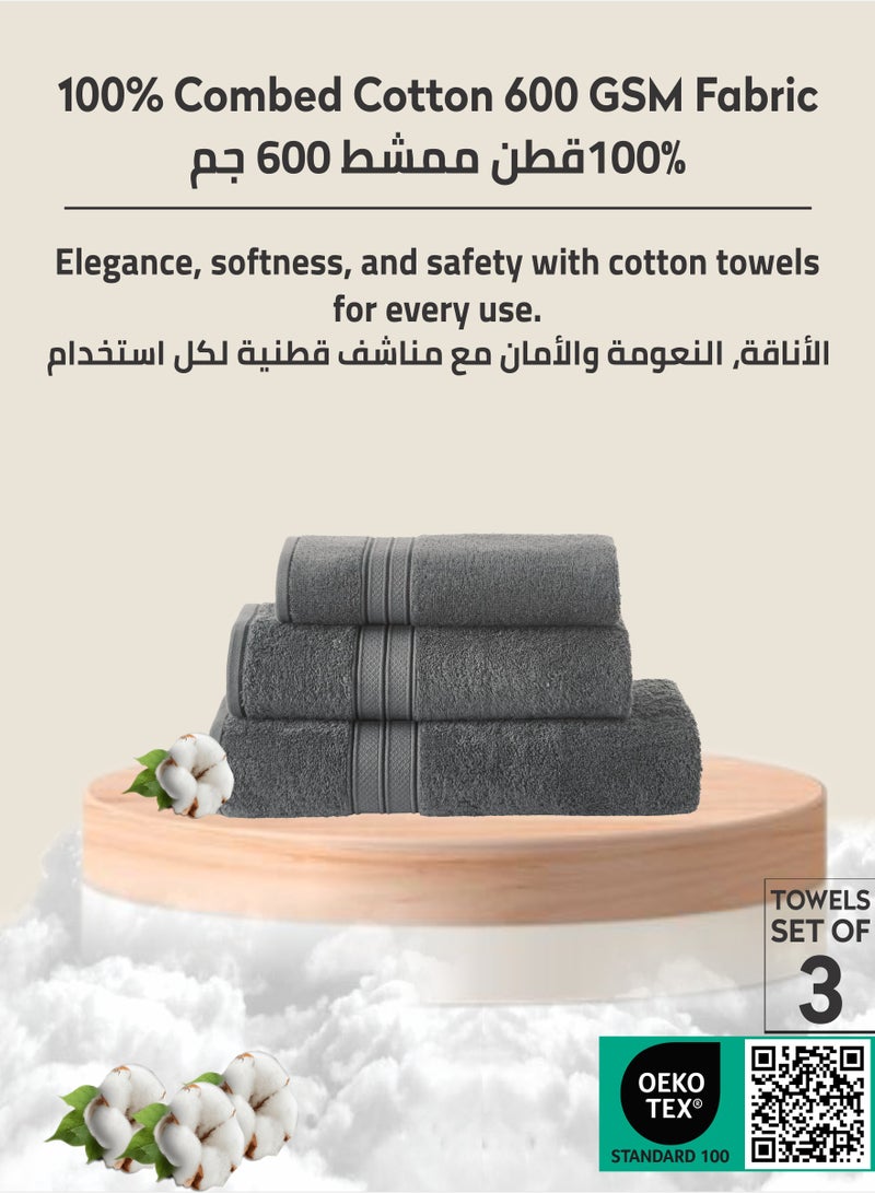 Donetella Premium Towel 3-Pcs Set, 100% Combed Cotton 600 GSM, Highly Absorbent, Quick Dry Towel Set Include 1 Bath Towel, 1 Bath Sheet, 1 Hand Towel, Best Set for Bathroom Gym, Hotel And Spa,Grey  - Image 3