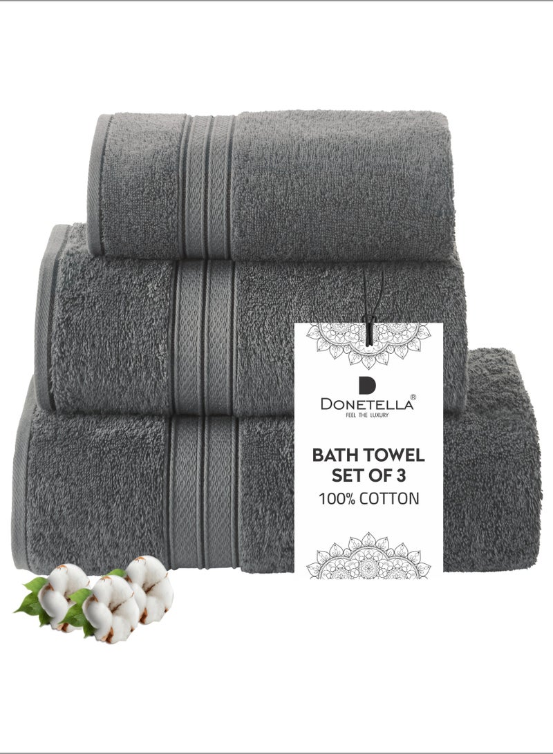 Donetella Premium Towel 3-Pcs Set, 100% Combed Cotton 600 GSM, Highly Absorbent, Quick Dry Towel Set Include 1 Bath Towel, 1 Bath Sheet, 1 Hand Towel, Best Set for Bathroom Gym, Hotel And Spa,Grey  - Image 1