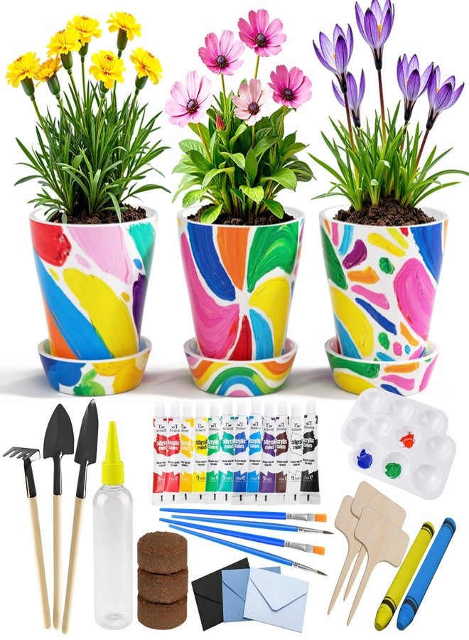 Ozzagar Kids Gardening Set Paint and Plant Flower Gardening Kit with 3 Pots, Kids Garden Flower Growing Kit Arts and Crafts Toys Gifts for Girls Boys Children Toys Gift for Girls Boys Ages 5 6 7 8 9 10 11 12 - Image 1