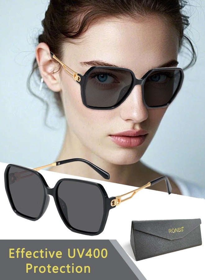 رويس نظارة شمسية مستقطبة نسائية على شكل الفراشة، نظارة الشمس الواقية من الأشعة فوق البنفسجية 400 بإطار PC أسود ومعابد مجوفة، نظارة مضادة للوهج ريترو كبيرة الحجم للنساء مع حافظة النظارة، 64 مم - Image 1
