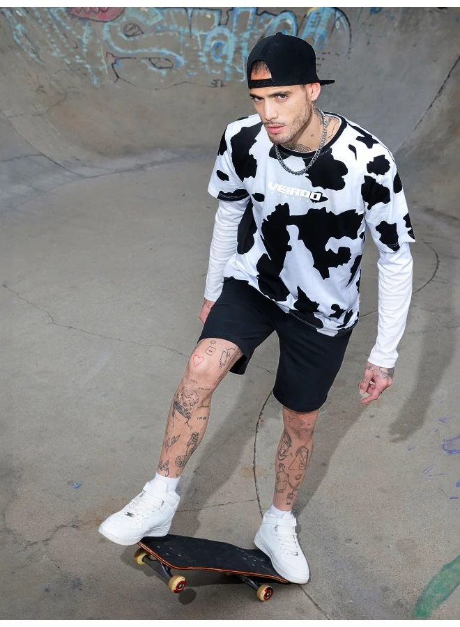 فيردو Veirdo® Men's Pure Cotton Oversize Baggy Fit Half Sleeves Cool & Stylish All Over Animal Printed White & Black T-Shirt (UNI_100_OS_Cow_M)