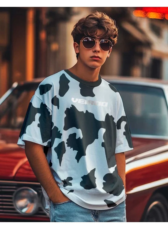 فيردو Veirdo® Men's Pure Cotton Oversize Baggy Fit Half Sleeves Cool & Stylish All Over Animal Printed White & Black T-Shirt (UNI_100_OS_Cow_M)