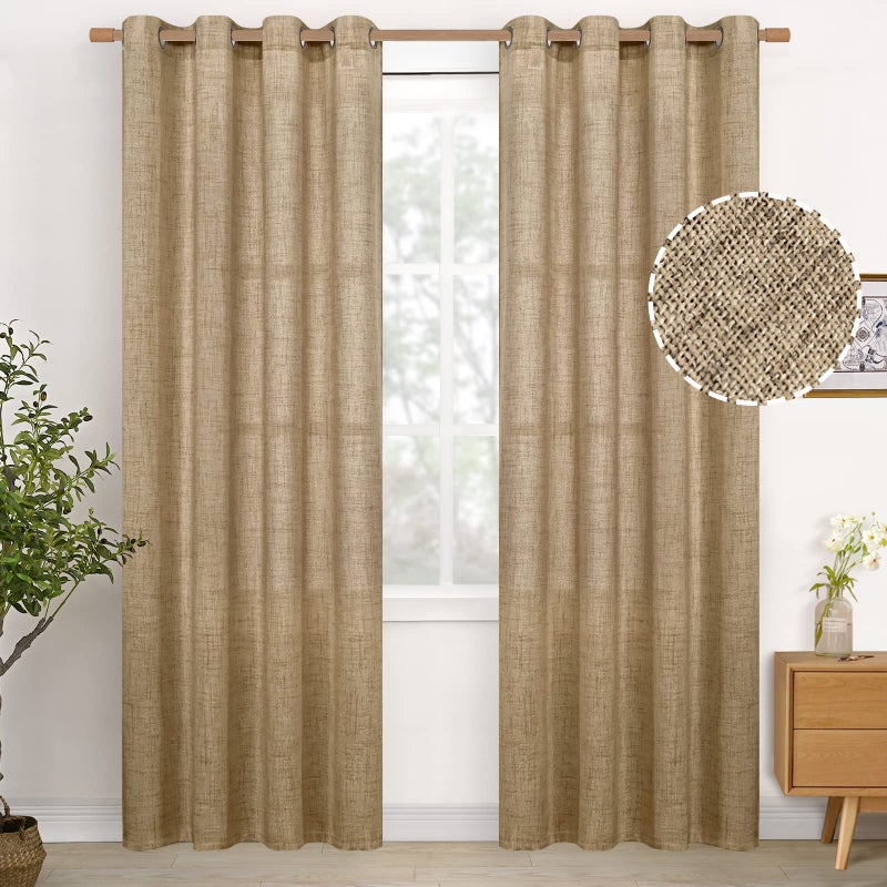 YoungsTex Burlap Linen Curtains 84 Inch Length for Living Room Textured Tan Semi Sheer Drapes with Bronze Grommet Light Filtering for Farmhouse Bedroom Toffee 2 Panels 52 X 84 Inch