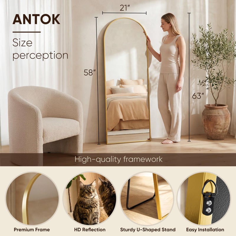 Antok Full Length Mirror, 58"x21" Floor Mirror, Arched Floor Standing Freestanding Arch Full Body Mirrors with Stand for Bedroom, Hanging Mounted for Living Room Cloakroom,Gold - Image 3