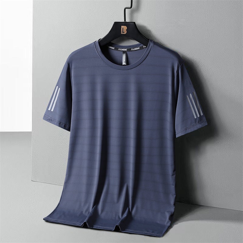 T-Shirt Men'S Summer Loose Plus Size Short Sleeve Ice Silk Three Bars Bottoming Shirt Round Neck Half Sleeve Thin Quick-Drying T-Shirt Fashion - Image 1