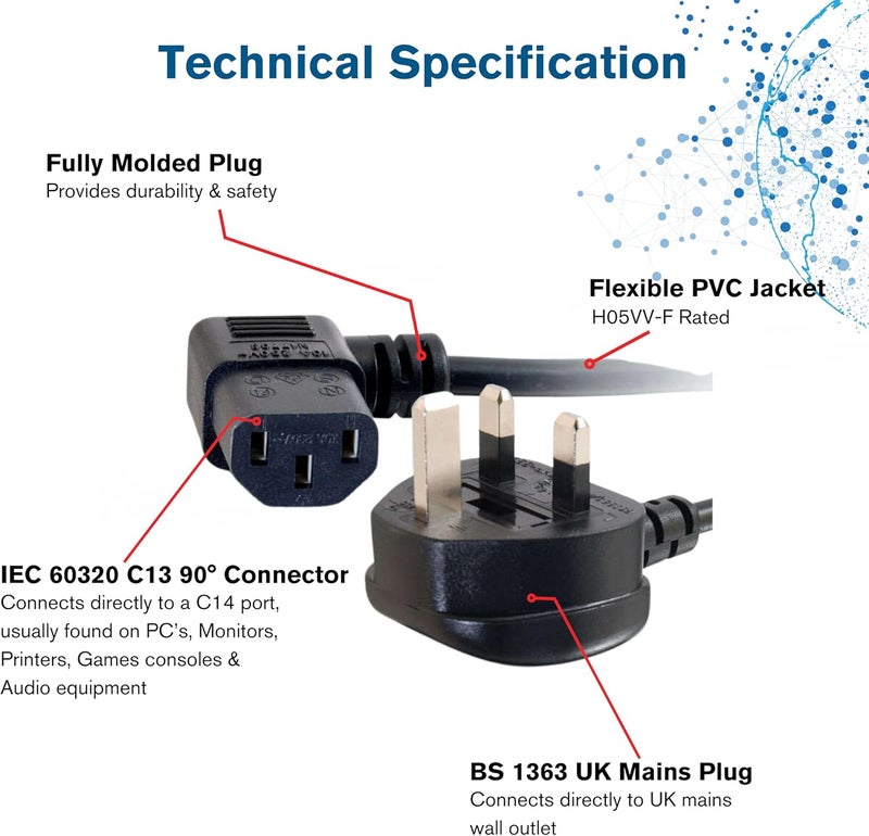 سي2جي 82034 0.5 متر كابل طاقة بزاوية 90 درجة 18 AWG (من IEC320C13R إلى BS1363) سلك غلاية بزاوية قائمة، أسود - Image 3