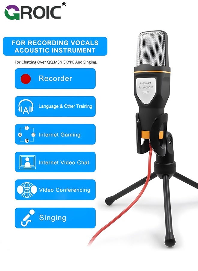 Studio Condenser Black Microphone, Professional HiFi Stereo Low Noise Cardioid Omnidirectional Wired Computer Microphone Set with Desktop Tripod for Recording Live Broadcast Speech, Plug and Play