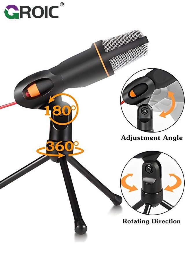 Studio Condenser Black Microphone, Professional HiFi Stereo Low Noise Cardioid Omnidirectional Wired Computer Microphone Set with Desktop Tripod for Recording Live Broadcast Speech, Plug and Play