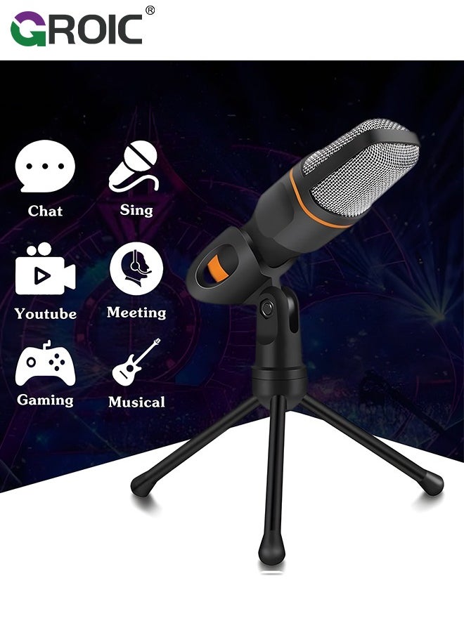 Studio Condenser Black Microphone, Professional HiFi Stereo Low Noise Cardioid Omnidirectional Wired Computer Microphone Set with Desktop Tripod for Recording Live Broadcast Speech, Plug and Play