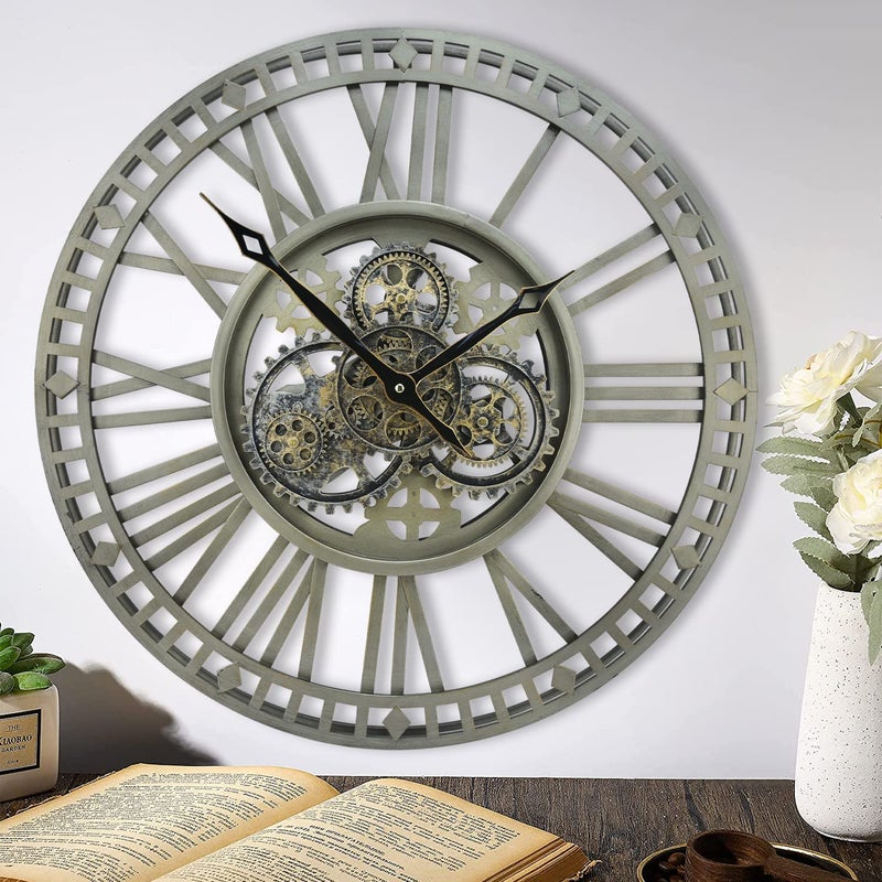 DORBOKER 60CM Large Wall Clock With Real Moving Gears Oversized Industrial Steampunk Decorative Retro Roman Numerals Skeleton Silent Wall Clocks for Living Room Kitchen Office Decor Vintage Bronze