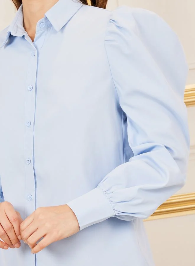 ستايلي Solid Button Through Puff Sleeve Shirt
