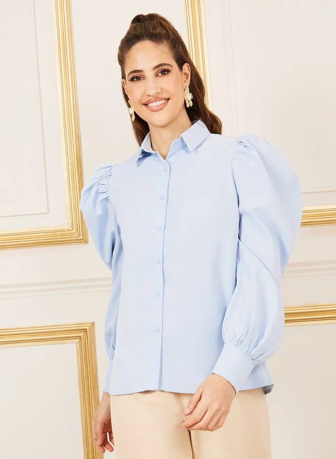 ستايلي Solid Button Through Puff Sleeve Shirt