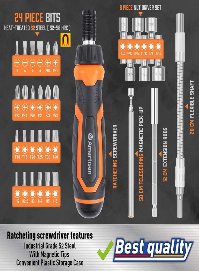 Amartisan Magnetic Ratchet Screwdriver Set, 34-Piece Multi-bit Ratchet Screw Drivers, Slotted/Philips/Pozi/Torx/Hex - Image 3