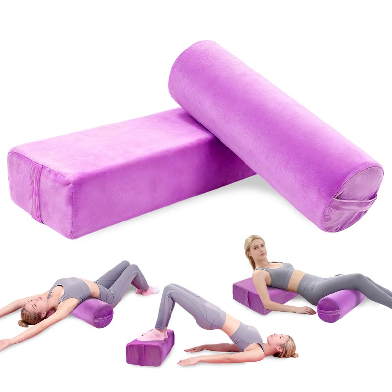 JZHLLA 2 PCS Yoga Bolster Pillow Set Washable Velvet Cover Meditation Bolster with High Density Foam and Carry Handle Rectangular and Cylinder Bolsters for Restorative Yoga - Image 2