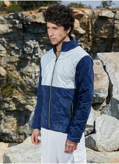 Campus Sutra Men's Navy Blue & Light Grey Contrast V Quilted Puffer Jacket  - Image 3