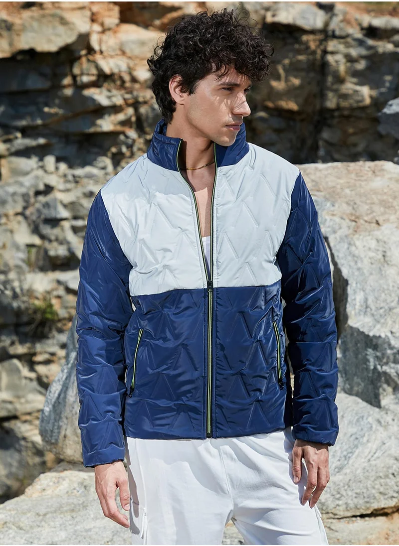 Campus Sutra Men's Navy Blue & Light Grey Contrast V Quilted Puffer Jacket
