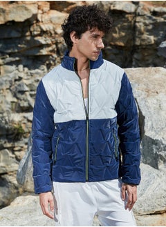 Campus Sutra Men's Navy Blue & Light Grey Contrast V Quilted Puffer Jacket  - Image 2