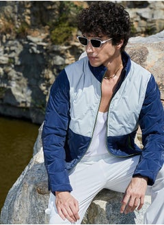 Campus Sutra Men's Navy Blue & Light Grey Contrast V Quilted Puffer Jacket  - Image 1
