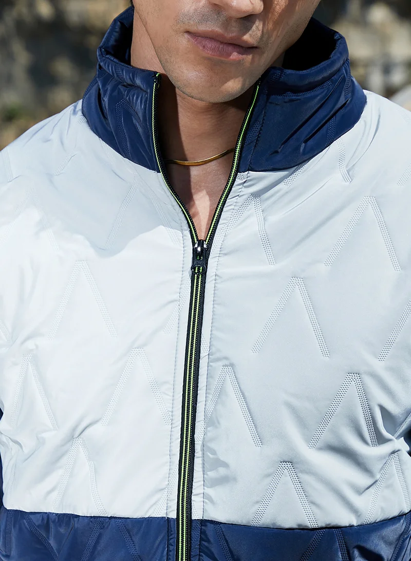 Campus Sutra Men's Navy Blue & Light Grey Contrast V Quilted Puffer Jacket