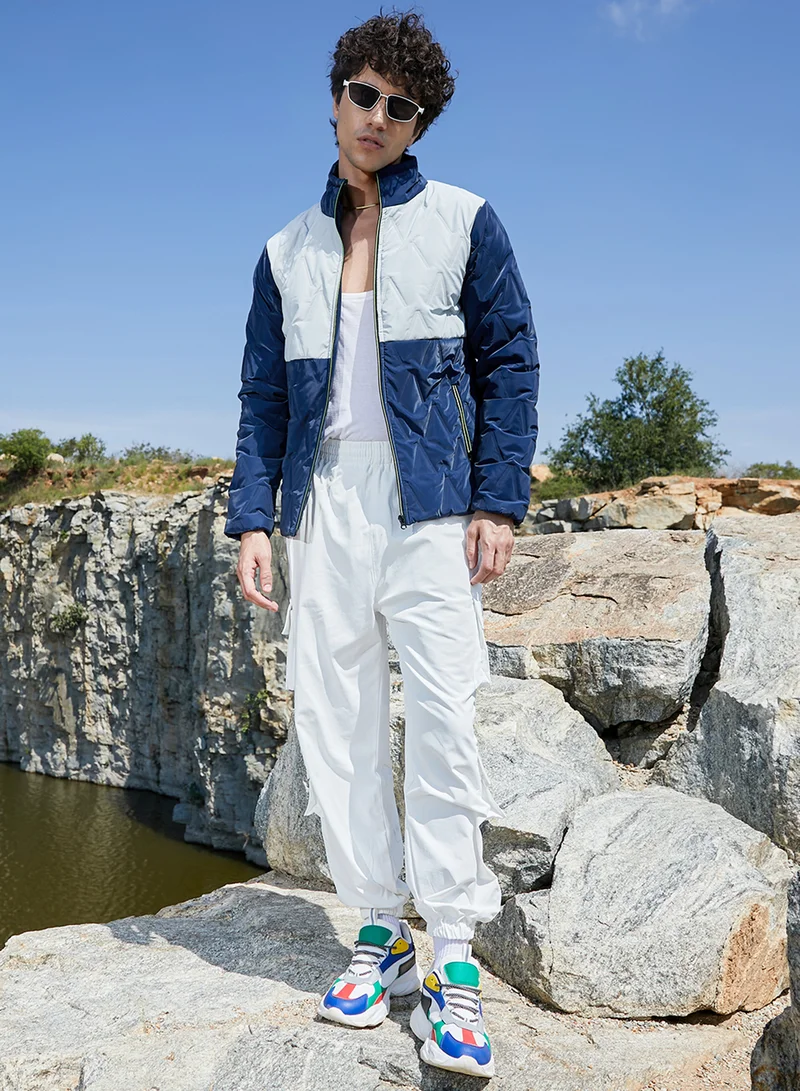 Campus Sutra Men's Navy Blue & Light Grey Contrast V Quilted Puffer Jacket