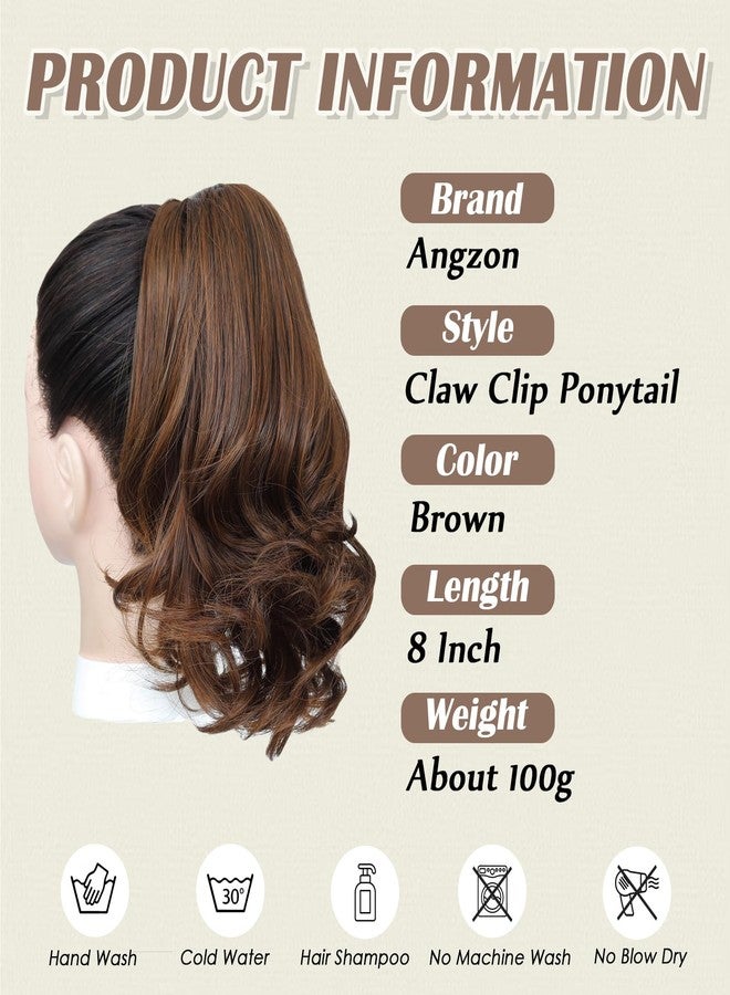 Angzon Ponytail Extension 8 Inch Claw Clip in Ponytail Short Curly Ponytail Extension for Women Messy Bun Fluffy Wavy Curly Synthetic Versatile Brown Hairpieces - Image 2