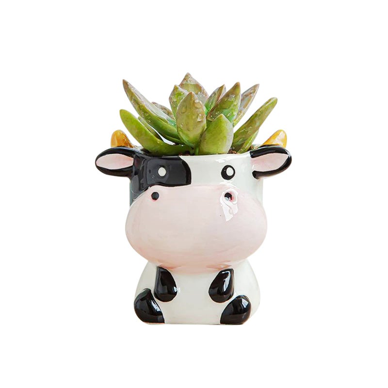 DIYOMR Cute Animal Ceramics Planter Small Succulent Pot Cartoon Shaped Plant Pot for Mini Plants Flower Cactus, Smooth Shiny Ceramic - Plants Not Included (Cow) - Image 1