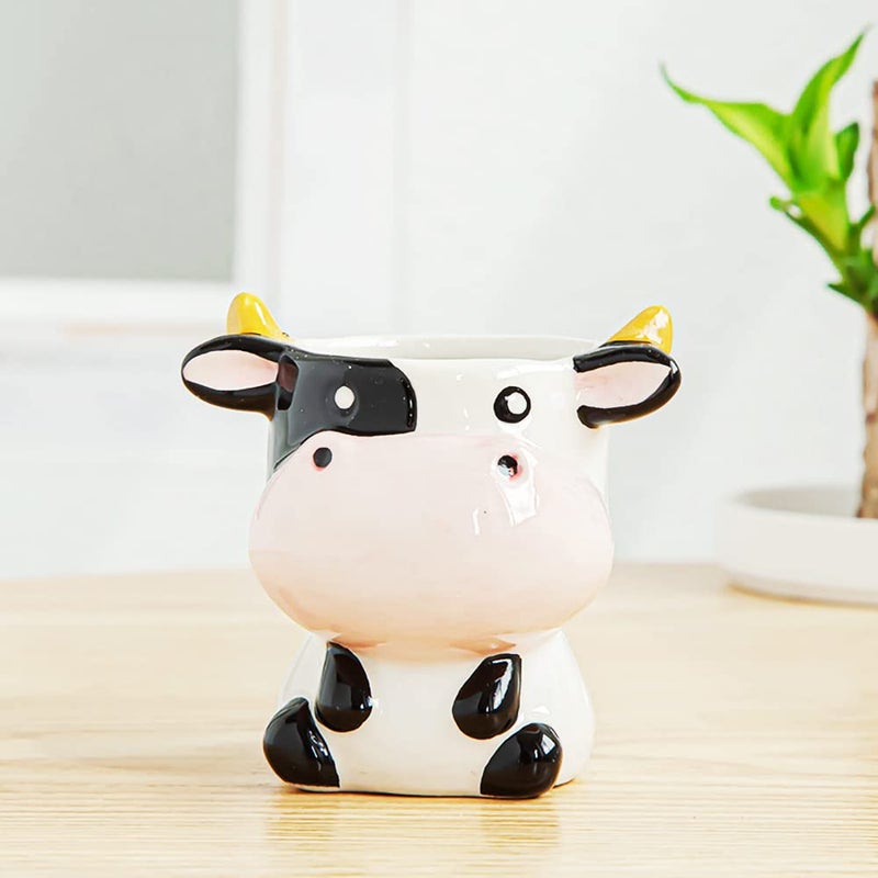 DIYOMR Cute Animal Ceramics Planter Small Succulent Pot Cartoon Shaped Plant Pot for Mini Plants Flower Cactus, Smooth Shiny Ceramic - Plants Not Included (Cow) - Image 2