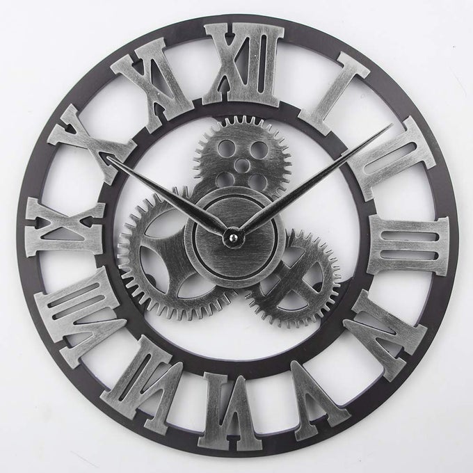 LARGE 3D RETRO WALL CLOCK SILENT NONTICKING WOODEN GEAR WALL CLOCK RUSTIC VINTAGE QUARTZ CLOCKS FOR HOME LIVING ROOM DECORATION SILVERROMAN NUMBERS 18 INCH