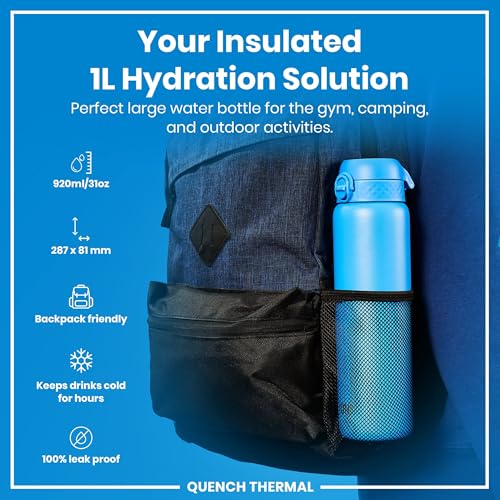 Ion8 Vacuum Insulated Stainless Steel 1 Litre Water Bottle 920 ml31 oz Leak Proof Easy to Open Secure Lock Dishwasher Safe Carry Handle Scratch Resistant Ideal for Sports and Yoga Blue - Image 3