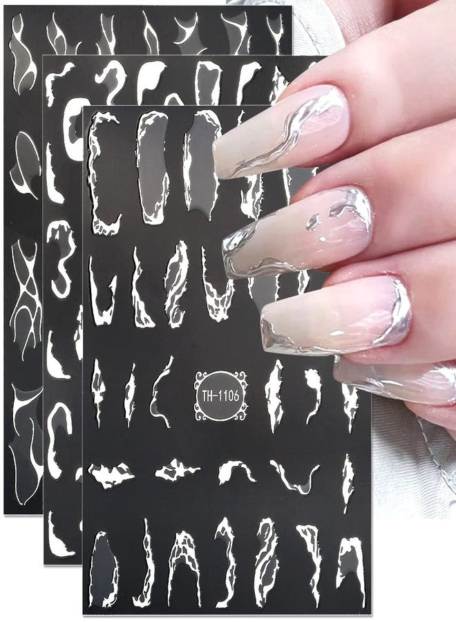 JALIYA Metallic Silver Lines Nail Stickers - 6 Sheets, 3D Wave Lines, Irregular French Line, Marble Nail Decals, DIY Nail Supplies - Image 1