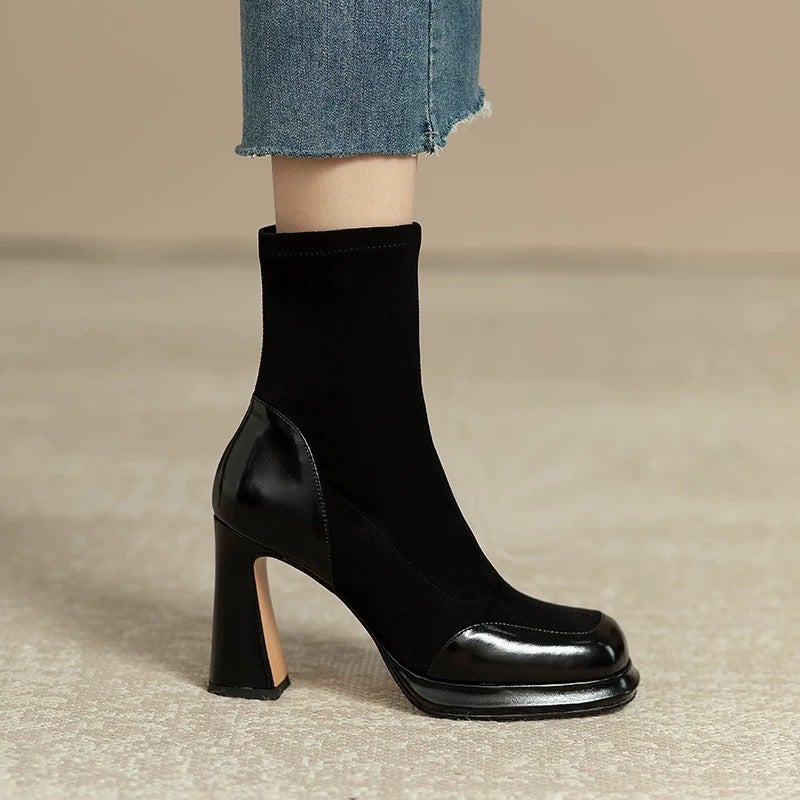 2024 Thick Heel Short Boots Women'S Spliced Waterproof Platform Elastic Slim Boots High Heel Short Boots Elastic Boots - Image 4