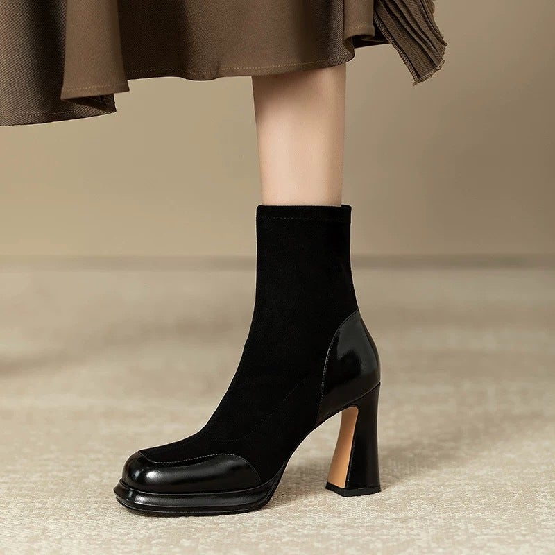 2024 Thick Heel Short Boots Women'S Spliced Waterproof Platform Elastic Slim Boots High Heel Short Boots Elastic Boots - Image 5