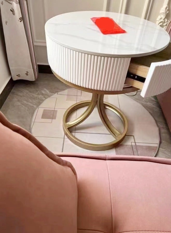 فاشون هوم طاولة جانبية حديثة متعددة الأغراض بتصميم فريد طاولة سرير قوية بقاعدة حديدية مع تخزين درج خشبي لامعة روك لوحة أعلى طاولة قهوة مستديرة لغرفة المعيشة غرفة نوم 50x58 سم (مجمعة بالكامل) - Image 3