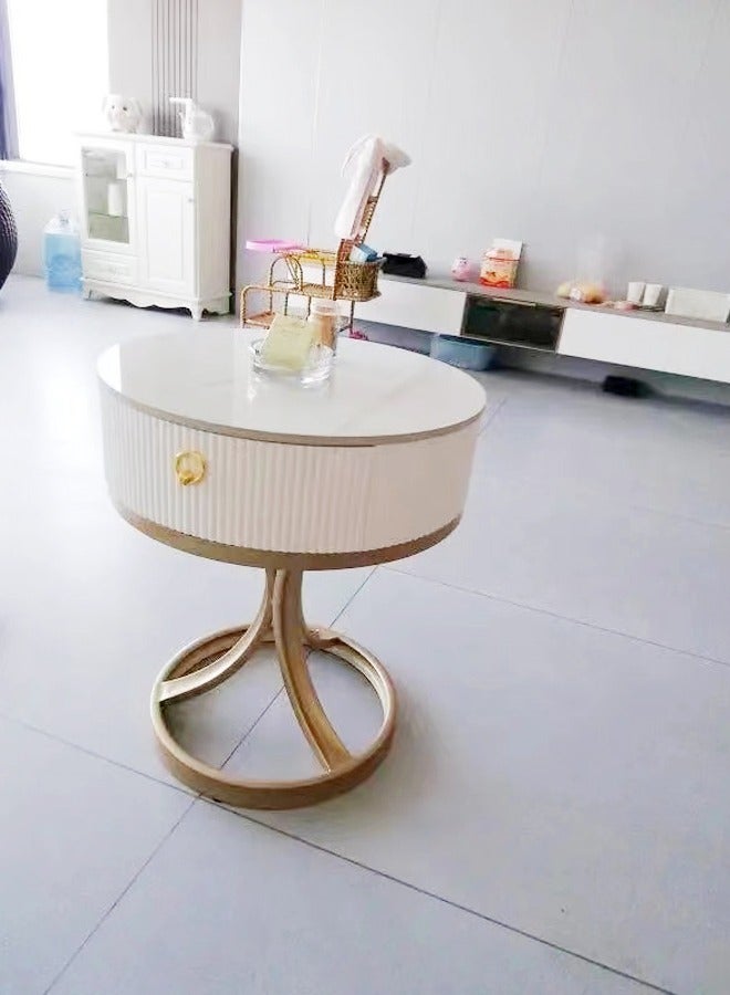 فاشون هوم طاولة جانبية حديثة متعددة الأغراض بتصميم فريد طاولة سرير قوية بقاعدة حديدية مع تخزين درج خشبي لامعة روك لوحة أعلى طاولة قهوة مستديرة لغرفة المعيشة غرفة نوم 50x58 سم (مجمعة بالكامل) - Image 2