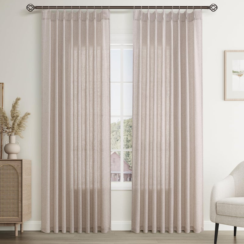 Joywell Linen Pinch Pleated Window Curtains 84 Inch Long Back Tab Clip Rings Semi Sheer Light Filtering Drapes with Hooks for Bedroom Living Room Decor W50 x L84 Oatmeal 2 Panels Set - Image 1
