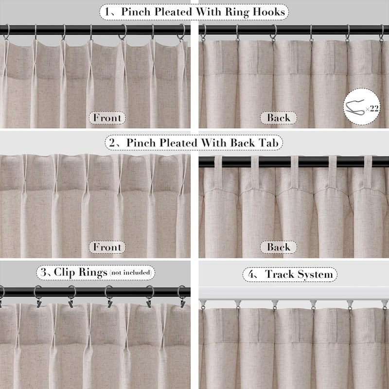Joywell Linen Pinch Pleated Window Curtains 84 Inch Long Back Tab Clip Rings Semi Sheer Light Filtering Drapes with Hooks for Bedroom Living Room Decor W50 x L84 Oatmeal 2 Panels Set - Image 2