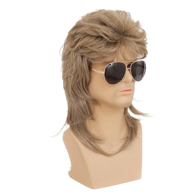Swiking Mens Mullet Wig Light Brown Retro 70s 80s Disco Rocker Curly Punk Fancy Party Halloween Cosplay Costume Wigs (Light Brown) - Image 4