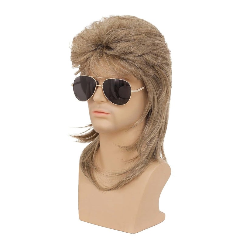 Swiking Mens Mullet Wig Light Brown Retro 70s 80s Disco Rocker Curly Punk Fancy Party Halloween Cosplay Costume Wigs (Light Brown) - Image 3