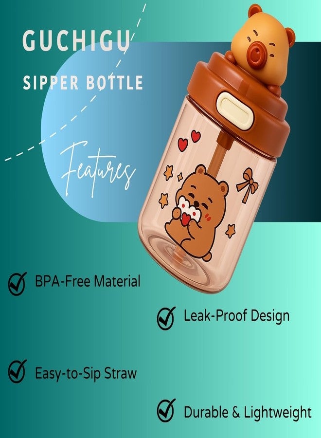 GUCHIGU Kids Sipper Bottle with Straw for Baby | Leak-Proof, BPA-Free Water Bottle with Cute Design Lid & Strap | Easy Grip, 360° Drinking | Baby Toddler Water Sipper Cup (Brown, 450ml) - Image 5